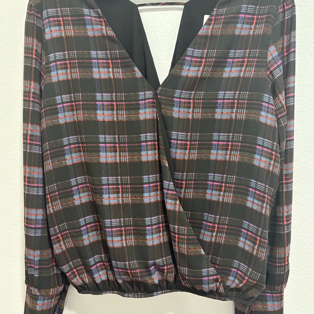 Gray and Red Wrap Blouse with Long Sleeves